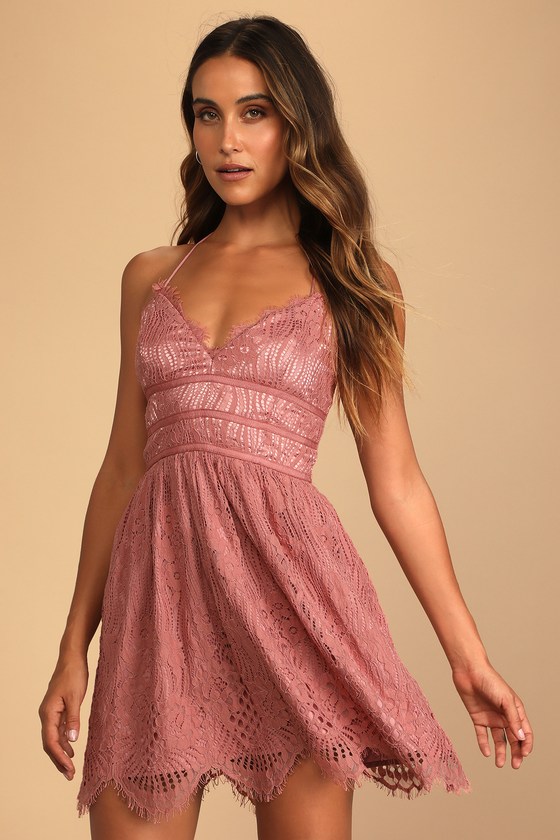 Dusty Rose Mini Dress - Lace Dress ...